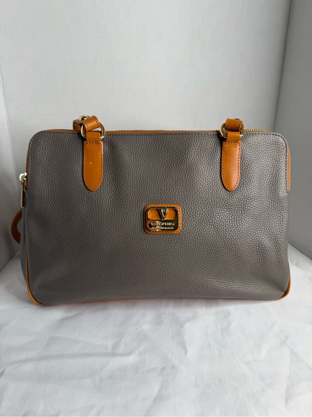 Valentina Gray Pebbled Satchel with Tan Accents